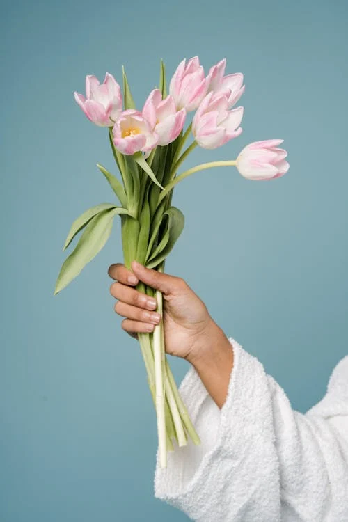 Foto di un mazzo di tulipani rosa retti da una mano